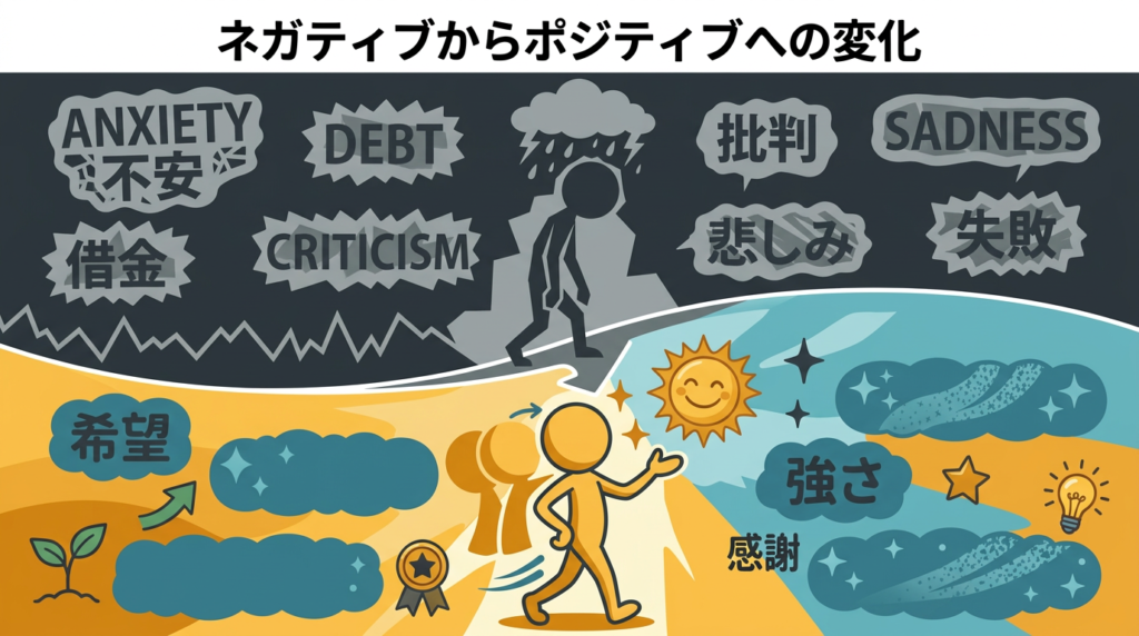 Illustration titled ネガティブからポジティブへの変化, showing Negative: ANXIETY 不安, DEBT 借金, CRITICISM, 批判, SADNESS 悲しみ, 失敗, and Positive: 希望, SUCCESS, HAPPINESS, STRENGTH 強さ, 感謝 GRATITUDE.