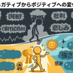 Illustration titled ネガティブからポジティブへの変化, showing Negative: ANXIETY 不安, DEBT 借金, CRITICISM, 批判, SADNESS 悲しみ, 失敗, and Positive: 希望, SUCCESS, HAPPINESS, STRENGTH 強さ, 感謝 GRATITUDE.